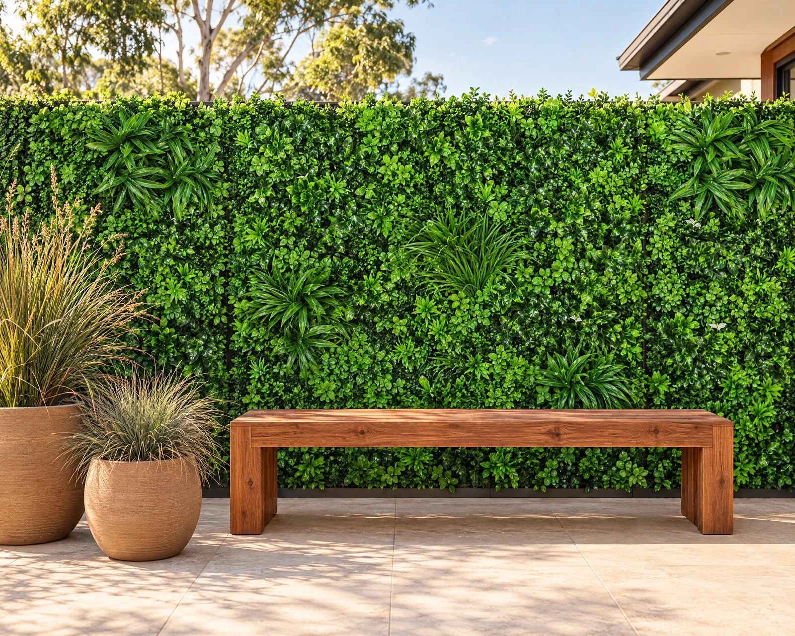 Artificial green wall panels covering a backyard fence