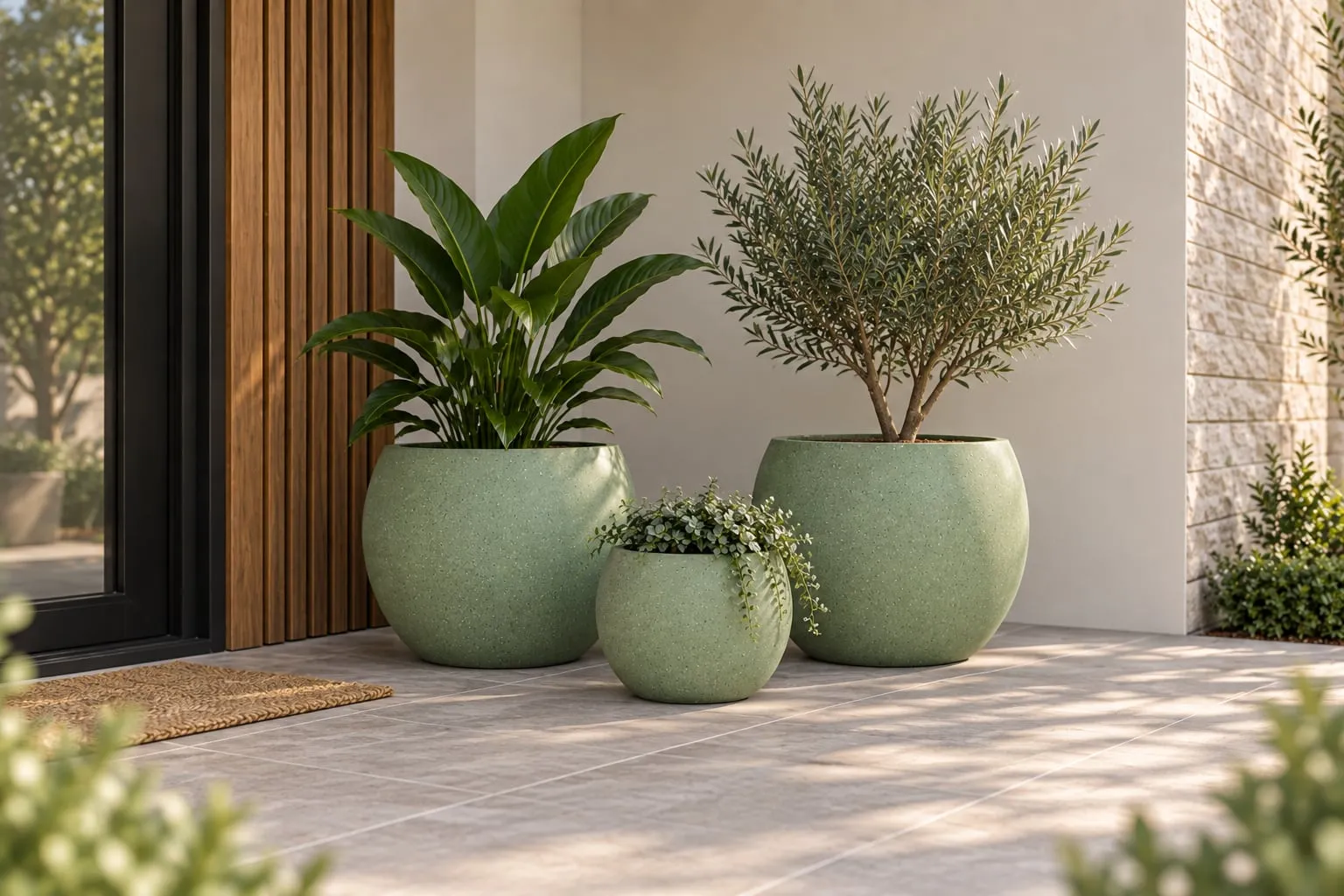 Aspen pots in Sage beside a front door