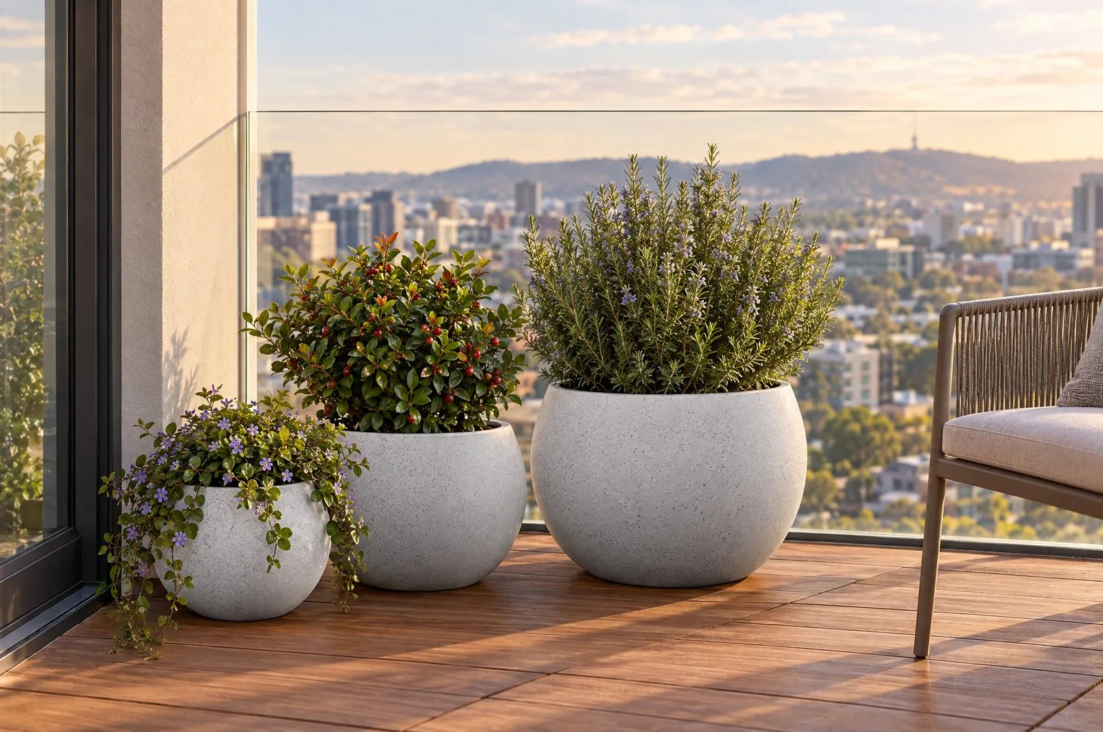 Aspen pots in Blizzard grouped in the corner of an apartment balcony