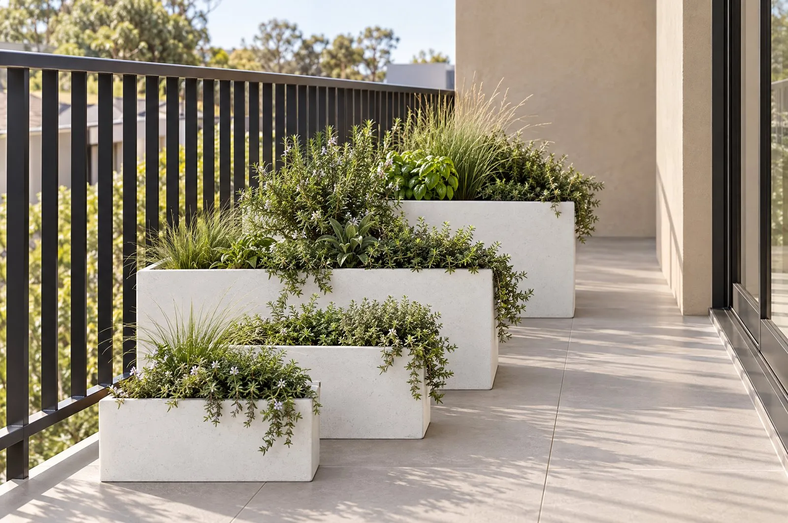 Monterey troughs in Arctic along a balcony railing, planted with herbs