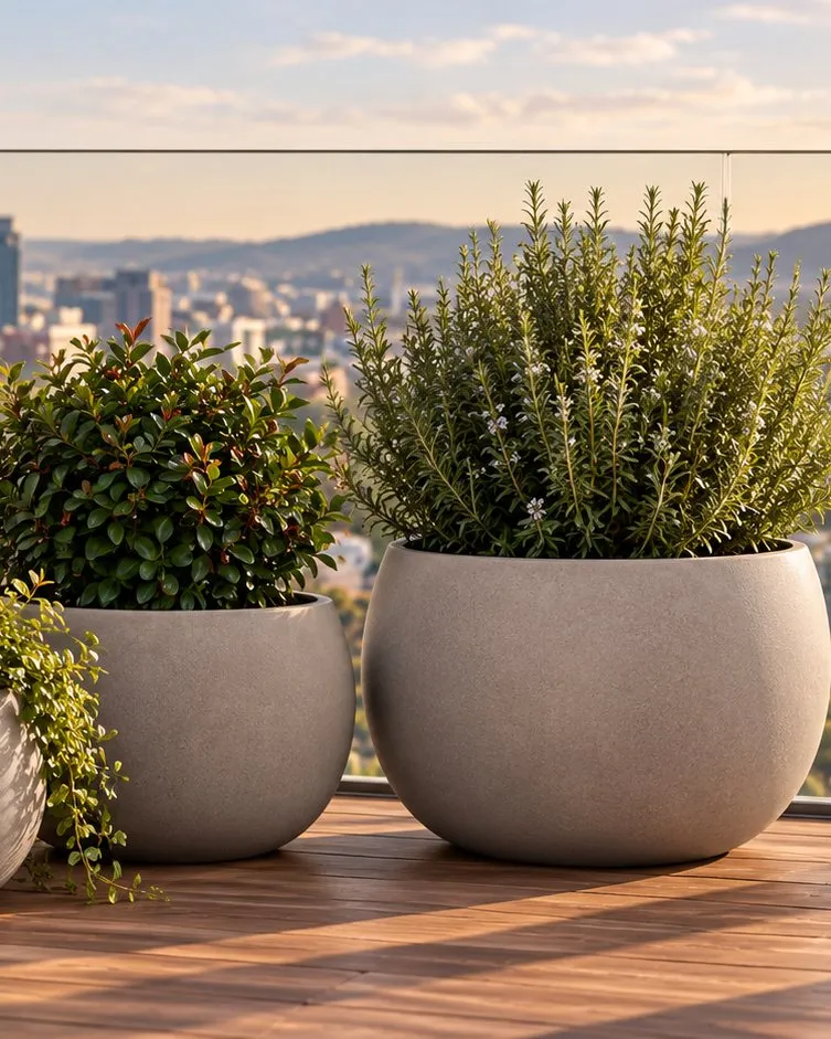 Round stone-coloured pots planted with herbs and shrubs on a balcony at sunset