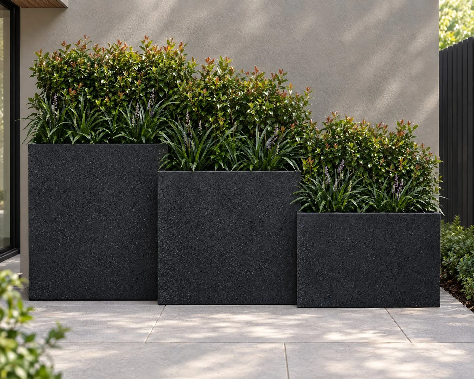 Calais troughs in Onyx as a screen in a side courtyard