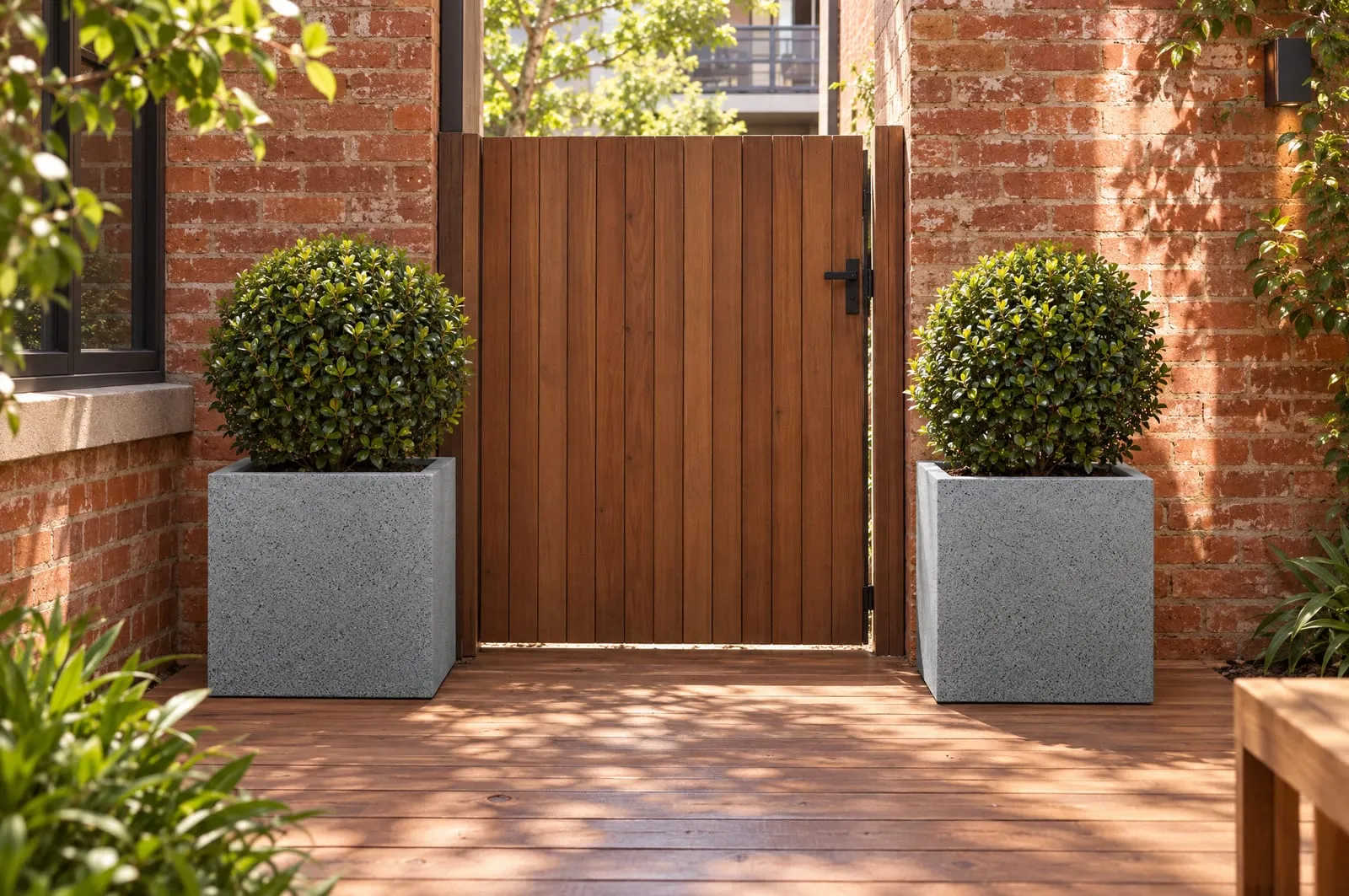 Monet pots in Granite either side of a timber courtyard gate, planted with clipped lilly pilly