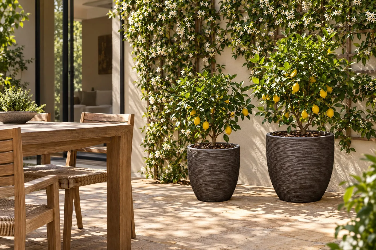 Tuscany pots in Espresso with dwarf lemon trees beside a courtyard dining table