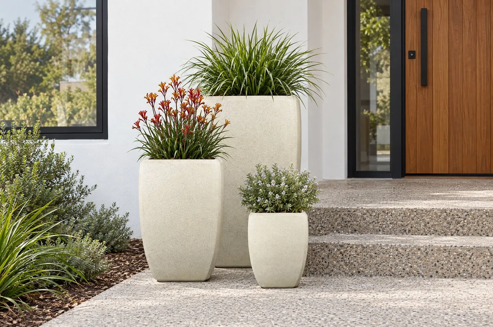 Everleigh pots in Nougat stepping up beside the entry steps of a white house
