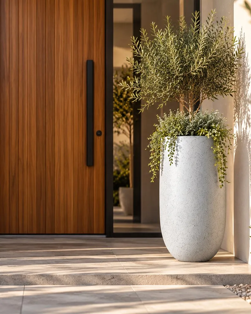 A tall white speckled pot with a small olive tree beside a timber front door