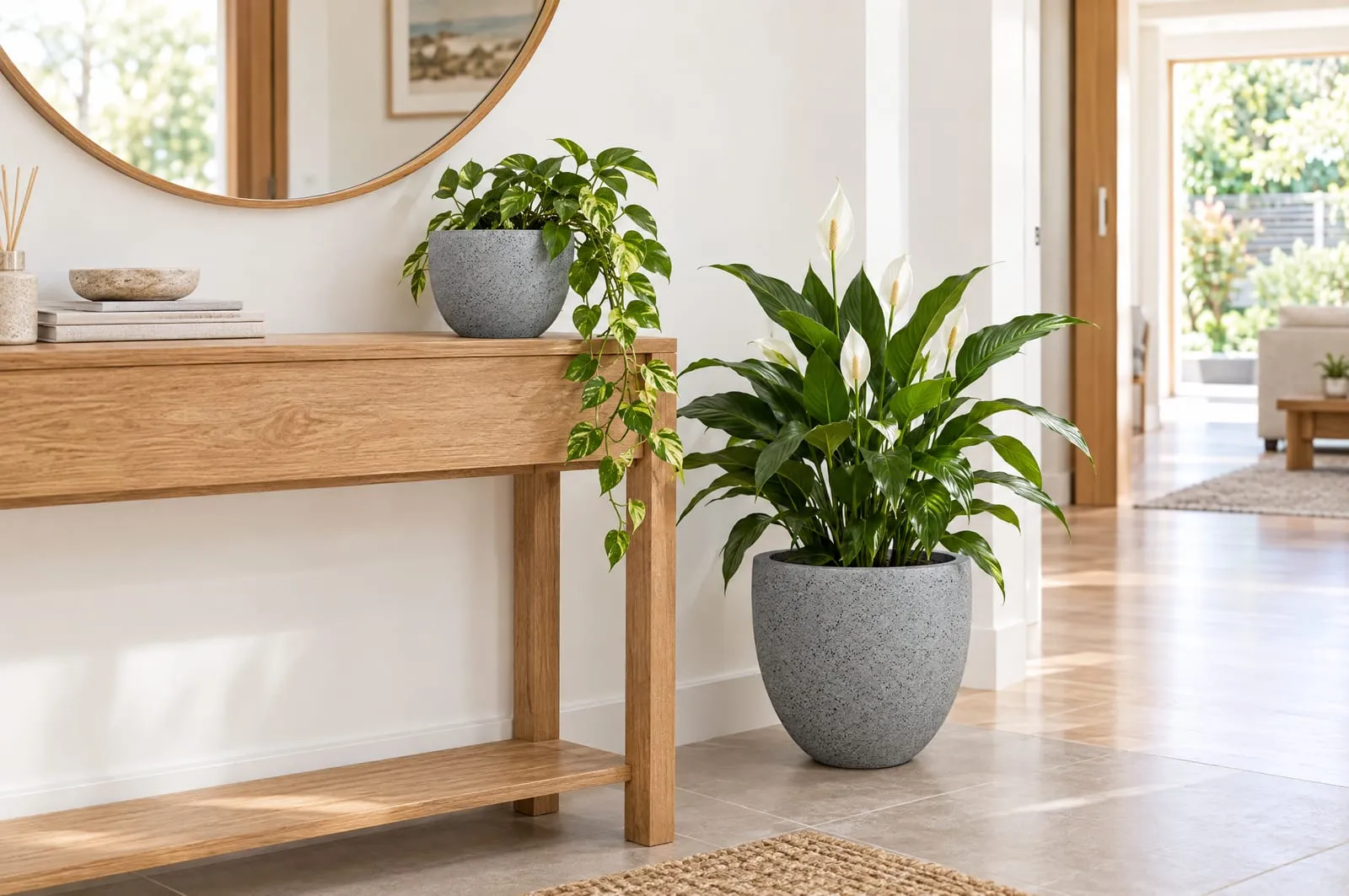 Sienna pots in Granite with a peace lily and a pothos in an entry hall