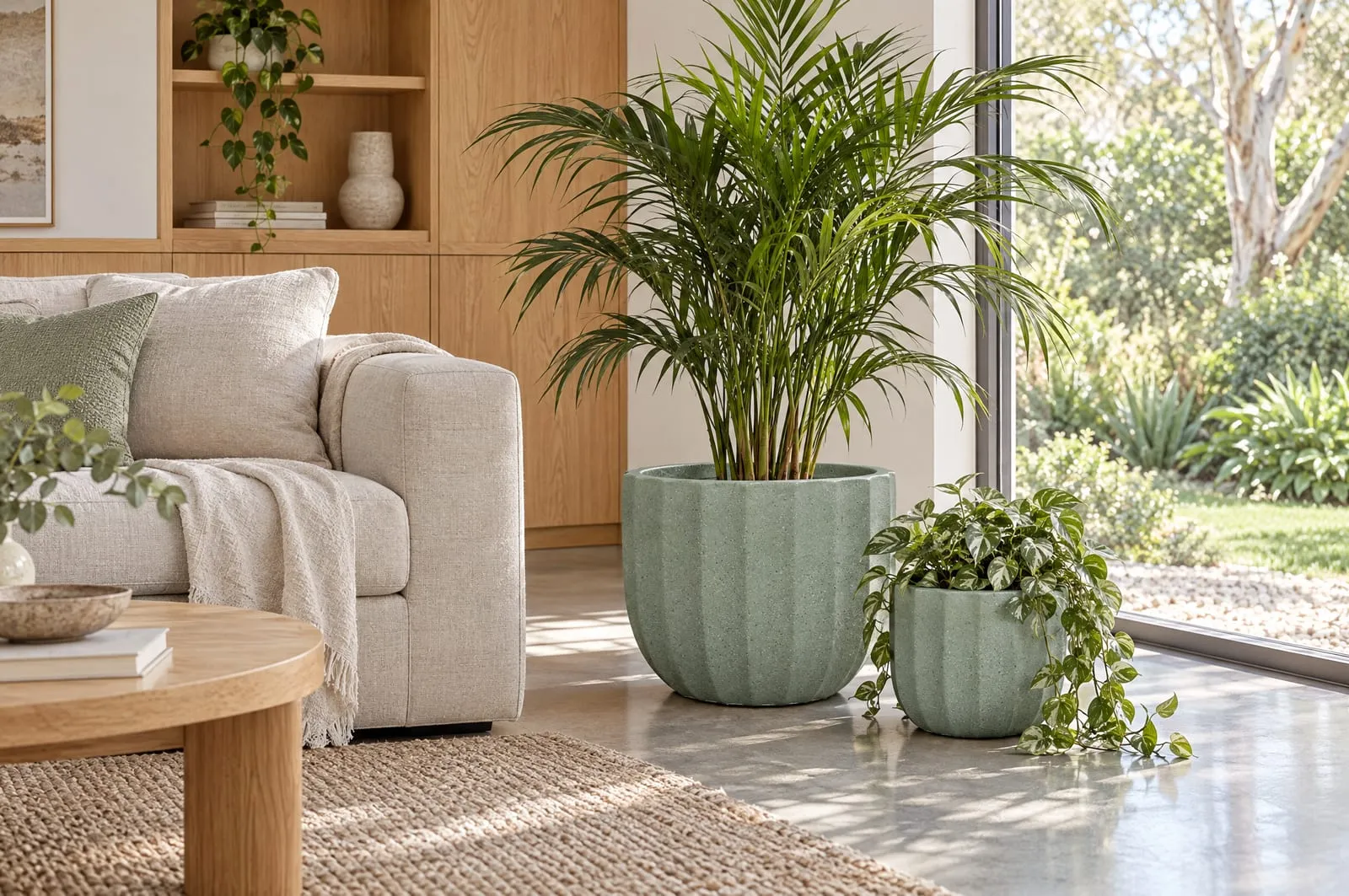 Valley pots in Sage with a kentia palm beside a sofa