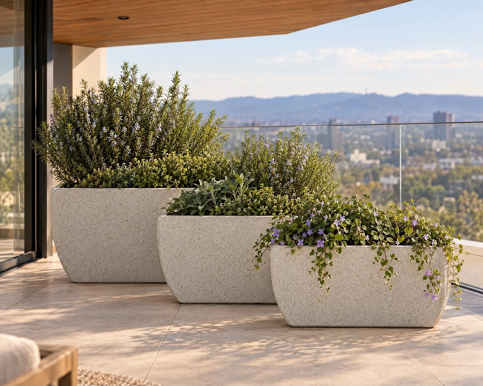 Montego troughs in Nougat on an apartment balcony
