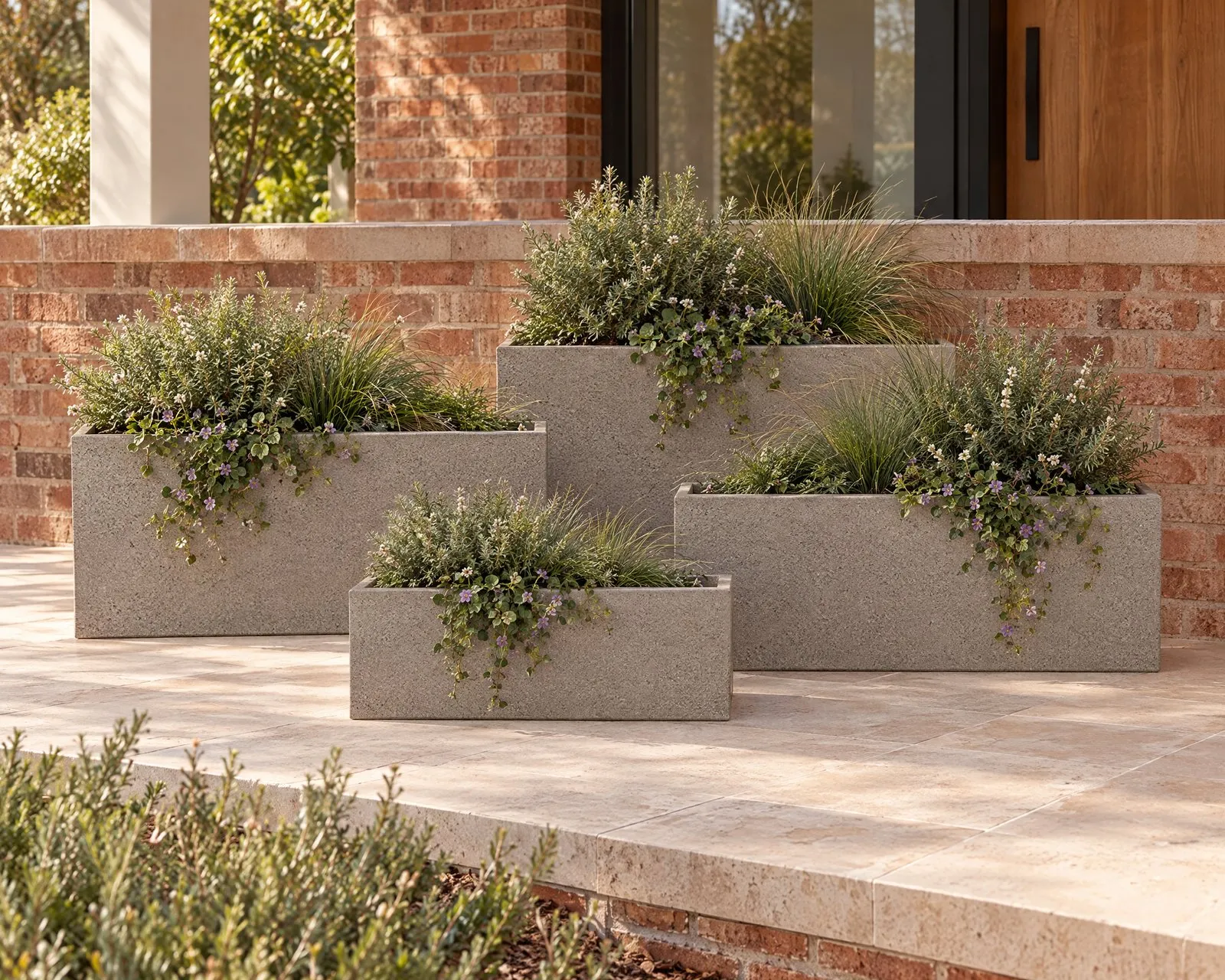 Monterey troughs in Taupe along a brick verandah wall