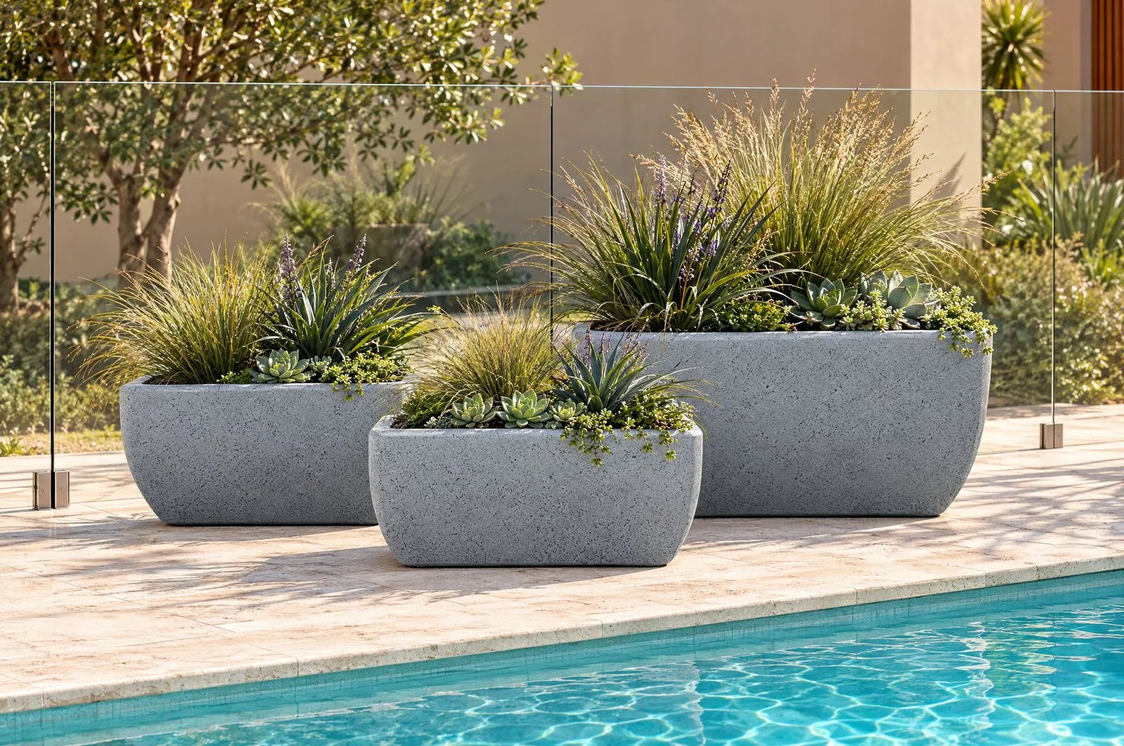 Montego troughs in Granite along a glass pool fence