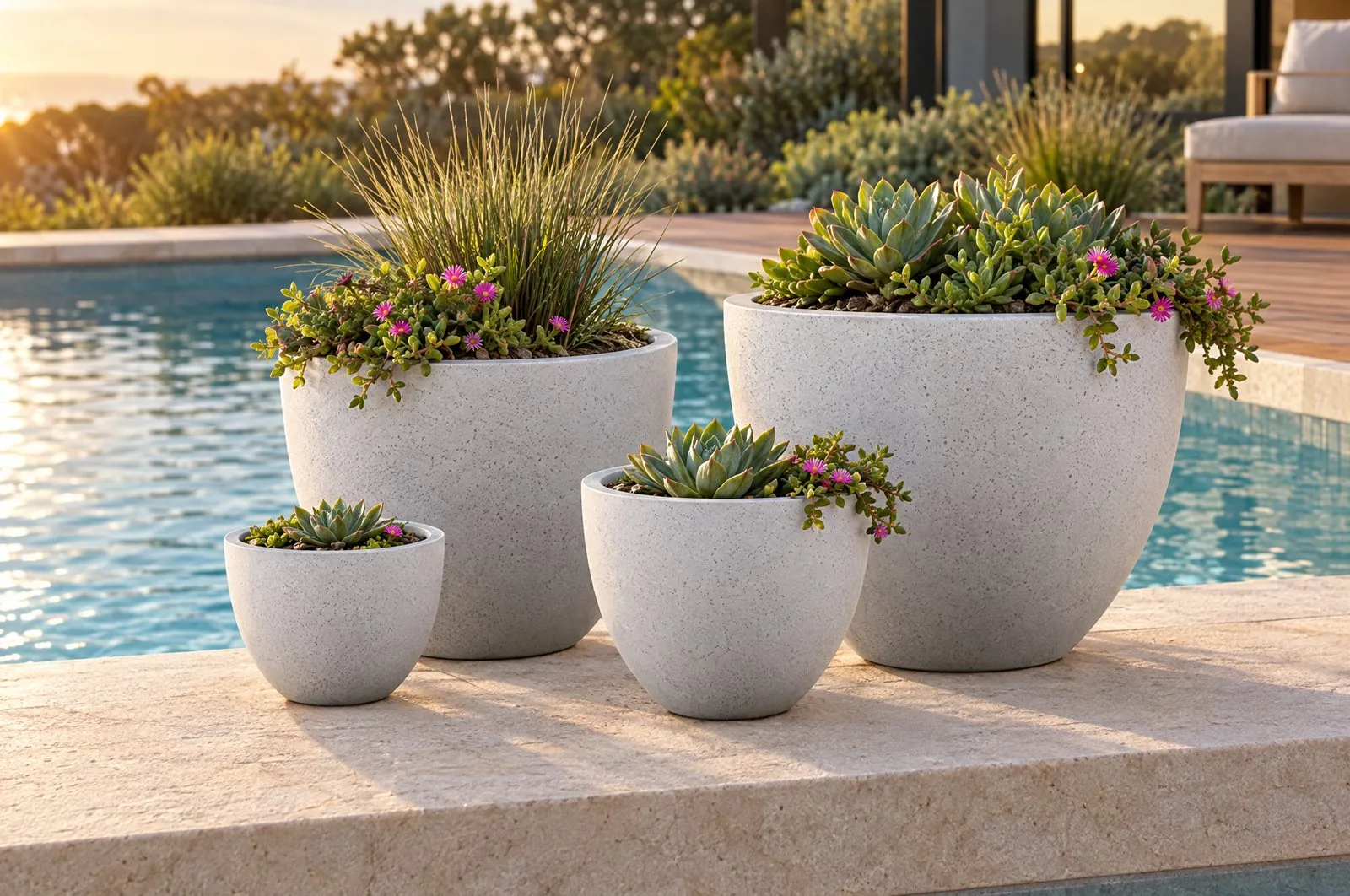 Sienna pots in Blizzard with succulents beside a pool