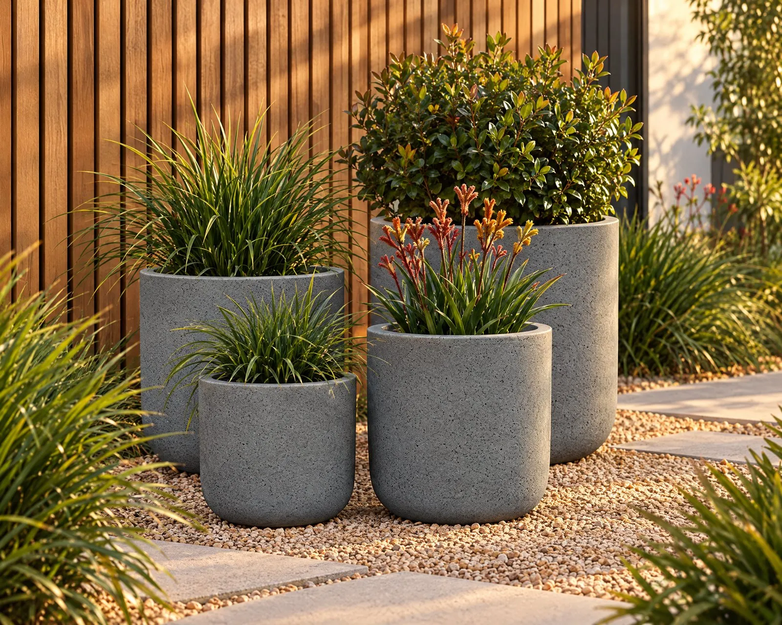 Savannah pots in Granite in front of a timber screen