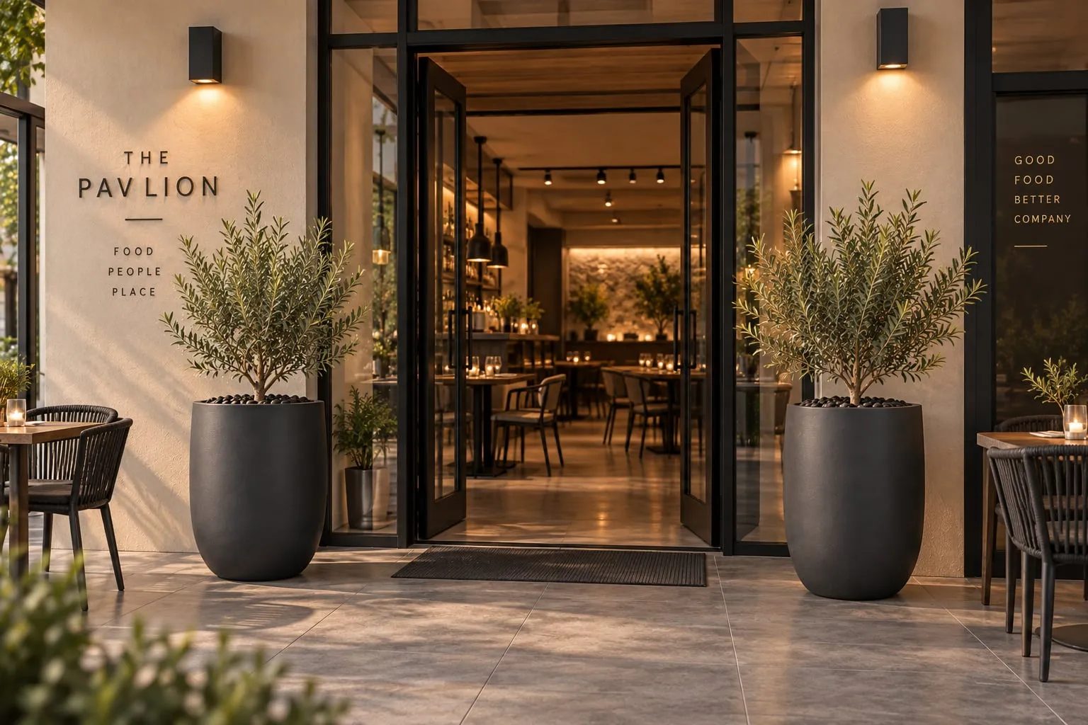 Sorento pots in Onyx with olive trees either side of a cafe entrance