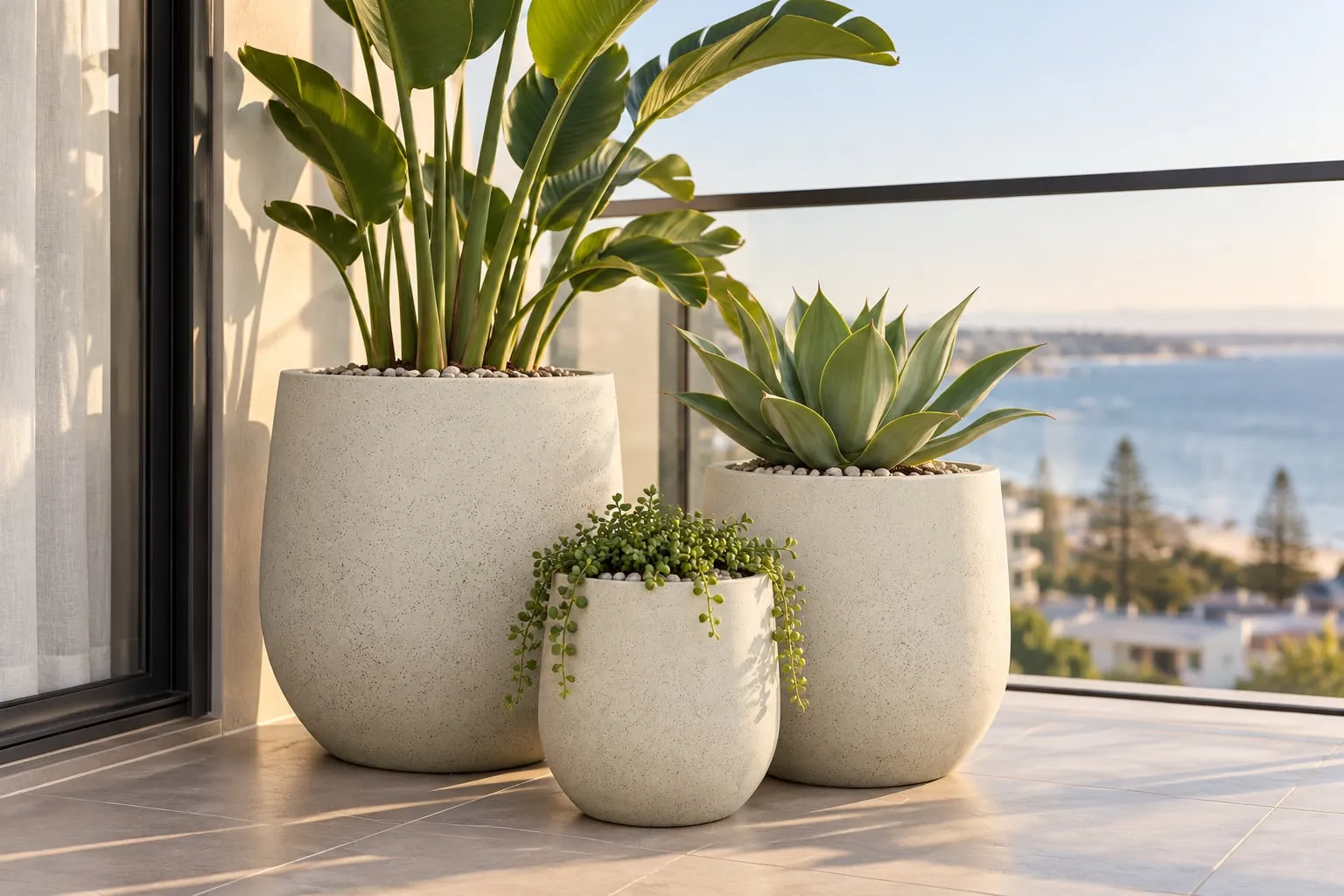 Sorento Squat pots on a balcony overlooking the sea