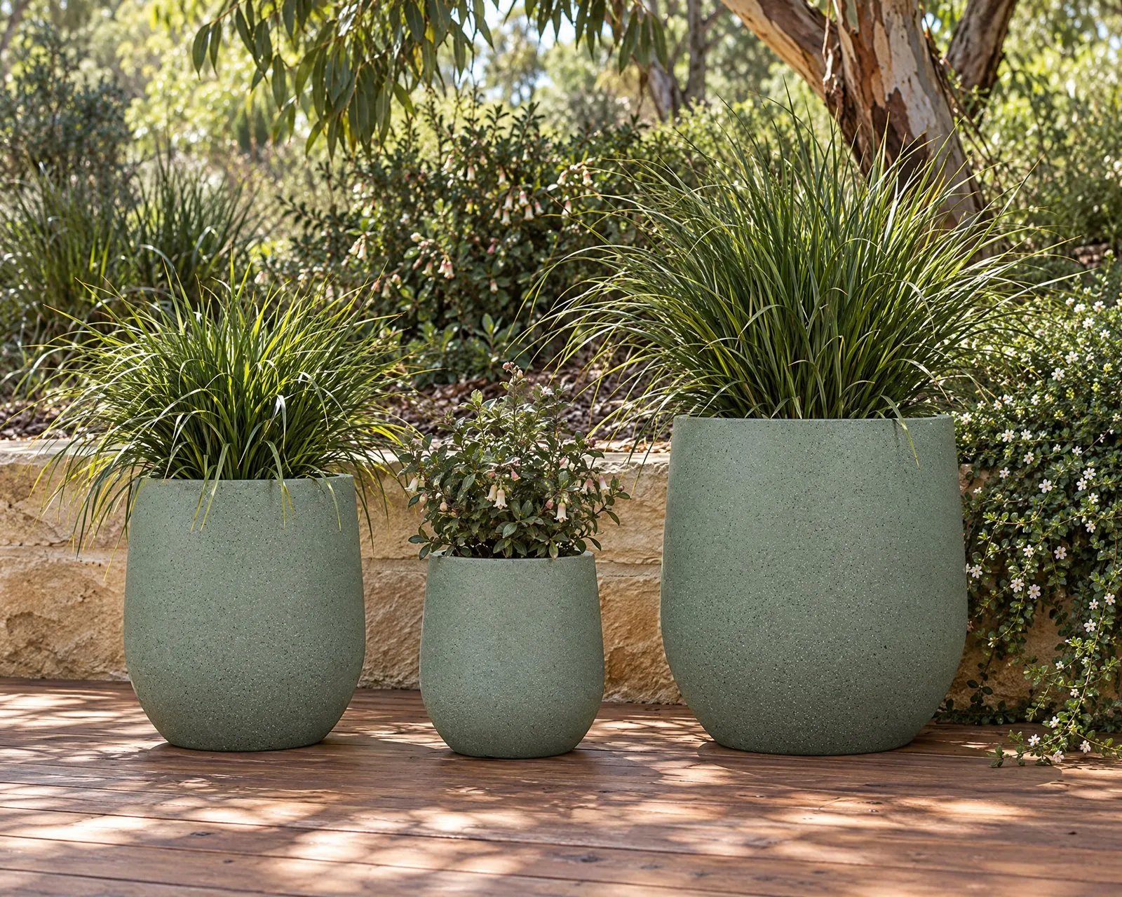Sorento Squat pots in Sage on a hardwood deck