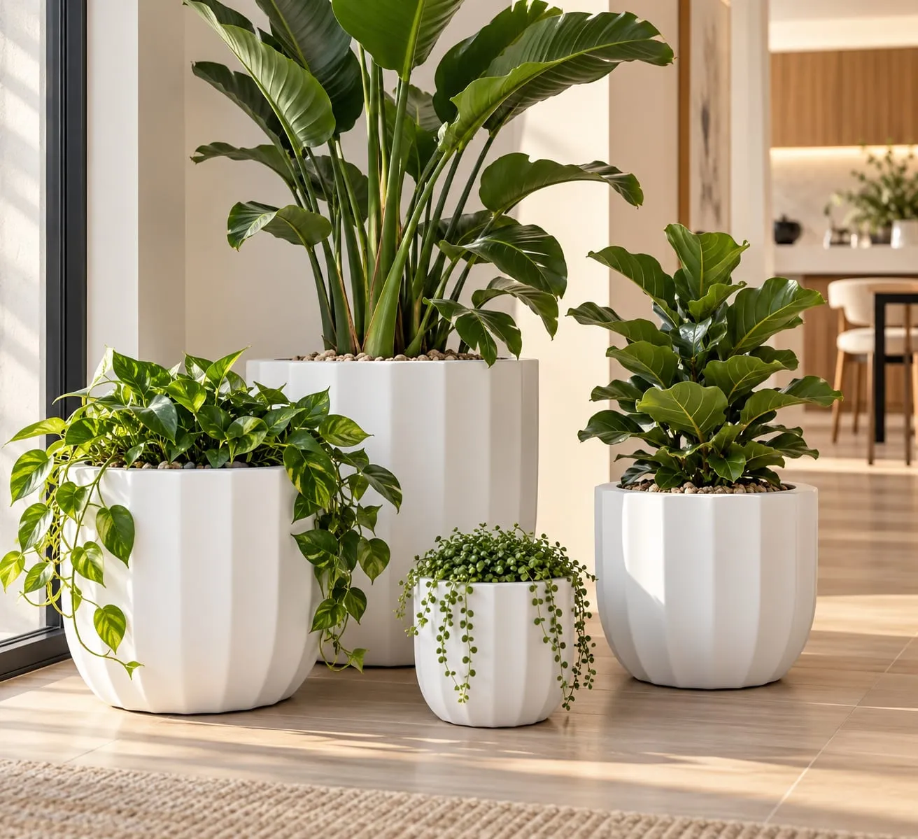 White Valley pots with indoor plants in a living room