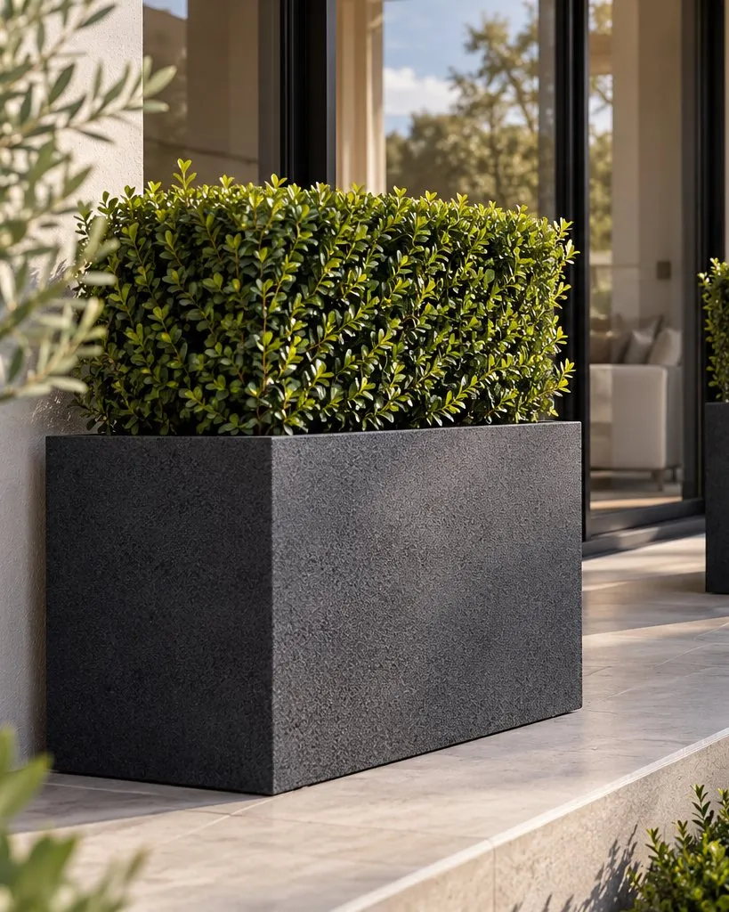 Charcoal rectangular planters with clipped hedges along a verandah