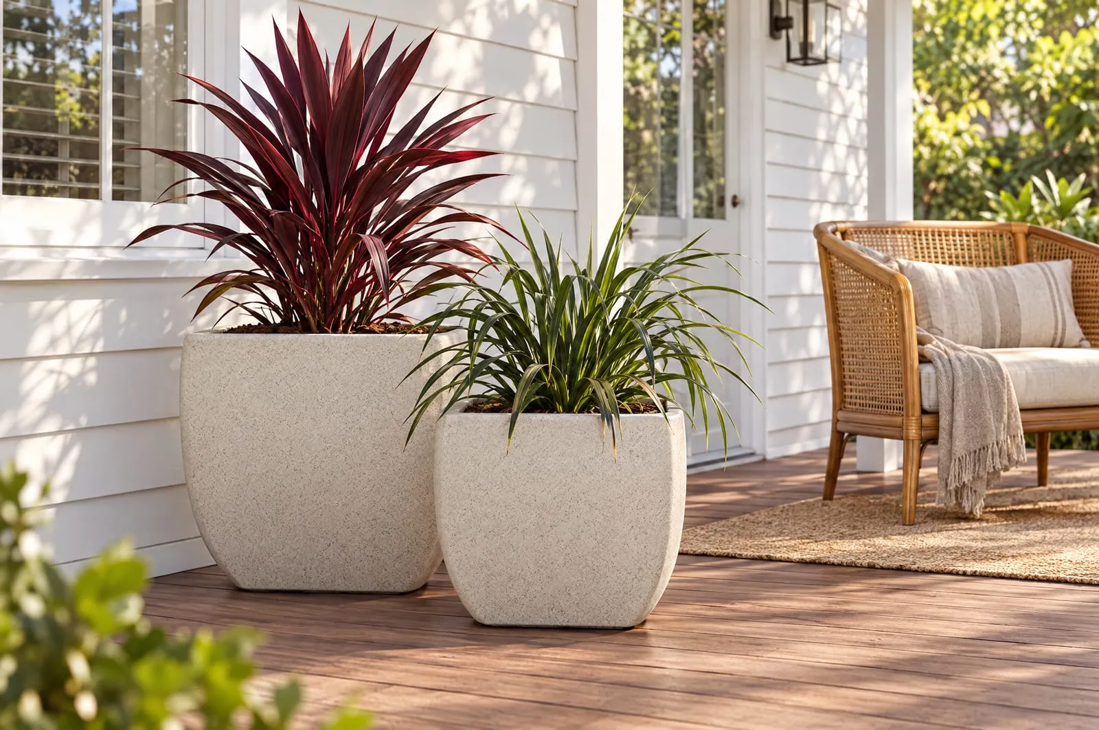 Kingston pots in Nougat with a cordyline and a dianella beside a cane chair on a verandah